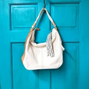 Neutral, modern, leather shoulder purse.